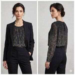 ESSENXA Women’s Black & Gold Abstract Polka Dots Long Sleeves Blouse Size Large